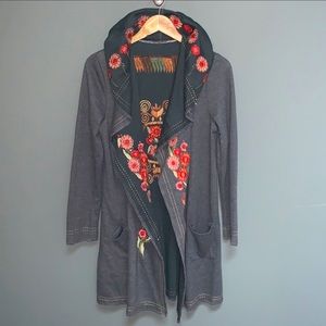 Boho Floral Embroidered Hoodie Knit Long Cardigan Open Front Duster